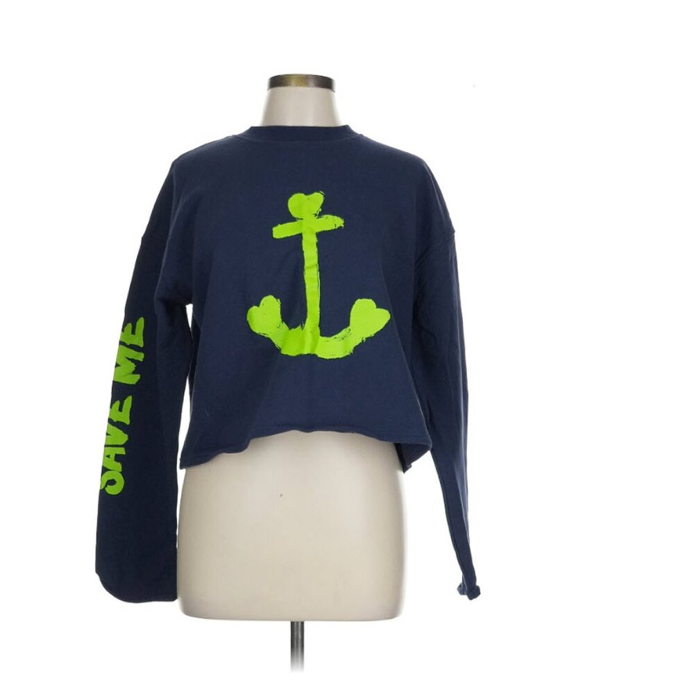 NEW Kerri Rosenthal Sail Away Save Me cropped navy blue Sweatshirt L